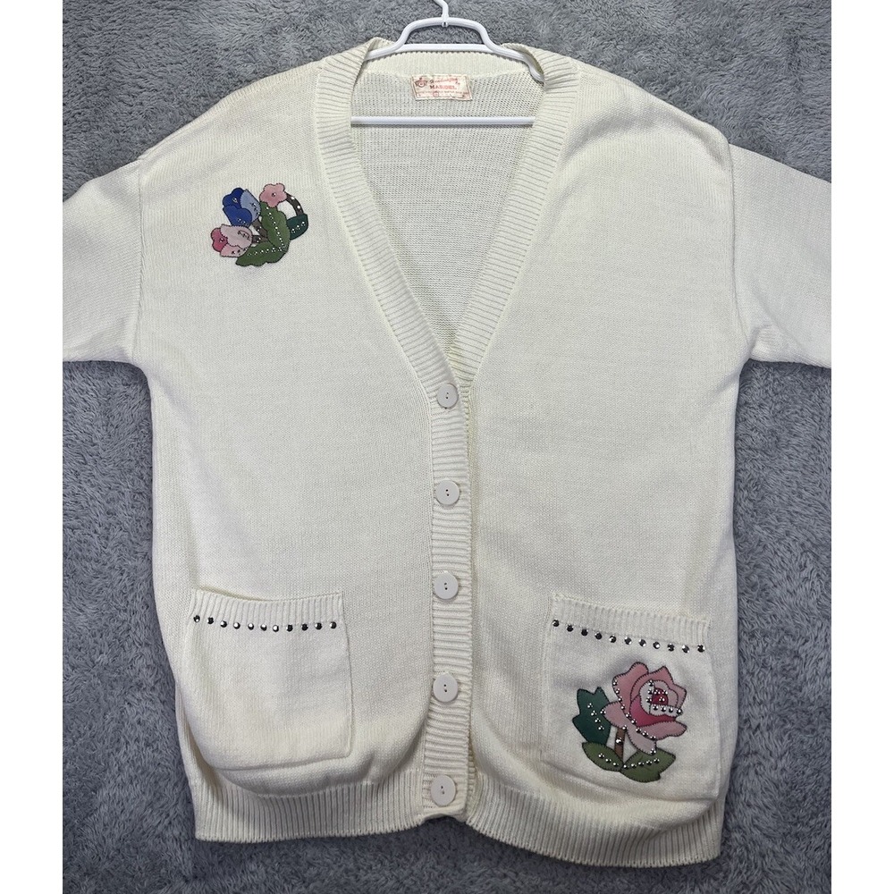 VTG Mardel Women's M Cardigan Sweater Cream Floral Embellished Handmade Grandmac